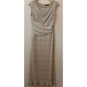 Lauren Ralph Lauren Evening Gown Womens 8 Gold Metallic Beaded Ruched Sheath